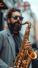 Fototapeta premium man with a bushy beard and a very elegant dress plays the saxophone in the street.
