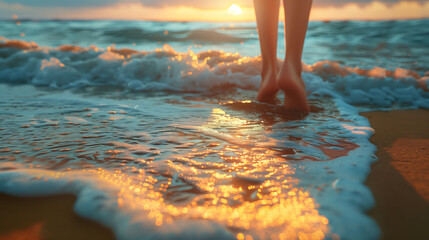 Close-up of woman's feet entering the sea during a golden hour sunset.