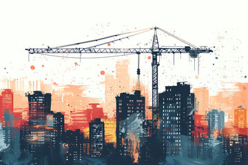 illustration of construction work in a city where a building crane stands out. 