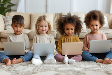 children of different cultures interacting with tidy laptops in the living room of a house.