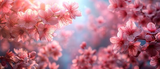 On a sunny day, pink sakura flowers bloom on a mysterious spring floral background. - obrazy, fototapety, plakaty