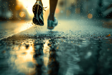 close-up detail of a runner's shoes over puddles in an urban environment at sunset. 