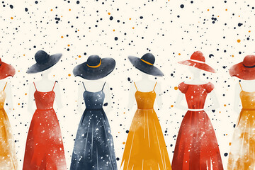 illustration of different patterns of women's dresses in different colors and shapes.
