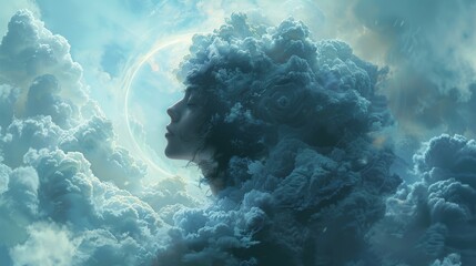 Celestial reverie: Surreal concept art featuring a head surrounded by a halo of clouds, suggesting a connection between earthly thoughts and cosmic realms. - obrazy, fototapety, plakaty
