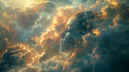 Fotobehang Celestial reverie: Surreal concept art featuring a head surrounded by a halo of clouds, suggesting a connection between earthly thoughts and cosmic realms. © taelefoto