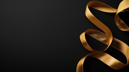 Elegant golden ribbon on a textured black background with light reflection