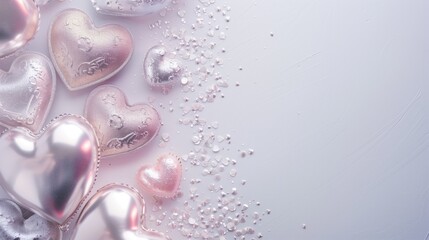 Shiny metallic heart balloons with water droplets on lavender background