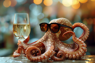 octopus with sunglasses holding a glass of wine during the summer and celebrating an event.