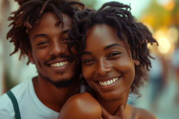 close-up of African-American couple with curly hair and smiling at life.