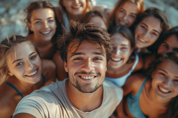 young guy taking a selfie with a group of female followers  - obrazy, fototapety, plakaty