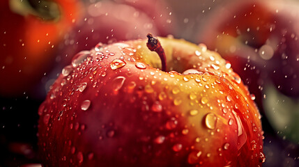 A juicy red apple, with water droplets glistening on its surface, sits next to a peach.
- 779754537