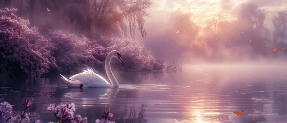 Fotobehang With a forest inshore, lilac flowers, yellow butterflies and a lake and swan, this is a mysterious nature background. © Антон Сальников