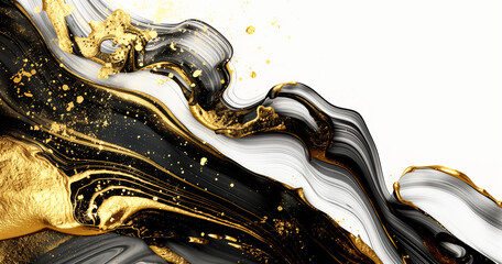 The texture of gold paint is mixed with black acrylic swirls on a white background. - 779754554