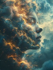 Head in the cloudscape: Surrealist concept art showcasing a head merged seamlessly with a celestial sky, illustrating the concept of abstract thinking.
