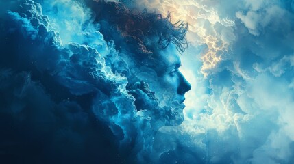 Nebulous consciousness: Surreal digital illustration of a head merging with nebulous clouds, reflecting the intangible nature of thought and perception.