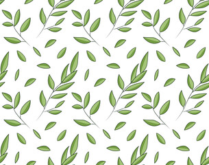 Green leaves on a branch and separately from it. Natural seamless pattern in vector. Suitable for backgrounds and fabric prints