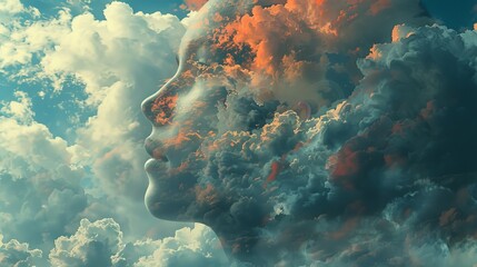 Whimsical cloudscapes: Surreal backdrop showcasing a head adorned with whimsical clouds, portraying a sense of fantasy and wonder. - obrazy, fototapety, plakaty