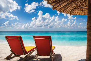 Perfect Beach Scene: White Sand, Clear Sea, Blue Sky, Two Beach Chairs Under a Yellow Umbrella