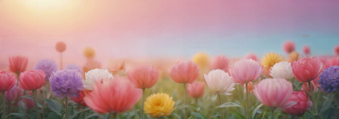 Pretty illustration banner background of spring flower garden in soft and sweet tone color