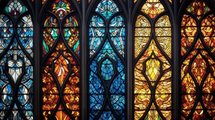 A close up of intricate patterns in stained glass windows, with vibrant colors and shapes