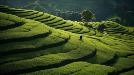 A tea plantation with a beautiful view of green fields and a clear sky - obrazy, fototapety, plakaty
