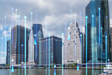 A New York cityscape with digital holographic overlays of arrows and binary code. Concept of technology and futuristic urban development. Double exposure