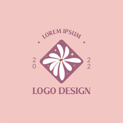 Flower Chamomile with stars vector flat cartoon groovy logo. Geometric rhombus frame. Retro emblem for branding badge, web, card, banner, label, sticker, fllyer.