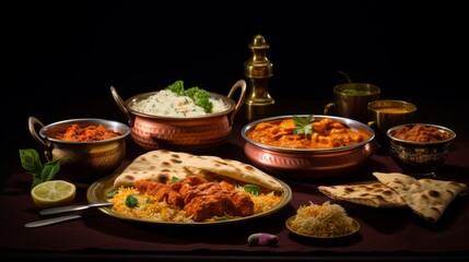Artfully composed scene featuring a North Indian dinner spread
