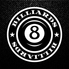 Billiard logo. Black ball color with the number eight. 8. Pool game. Snooker.