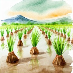 Uprawa ryżu ilustracja - obrazy, fototapety, plakaty