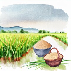 Uprawa ryżu rysunek ilustracja - obrazy, fototapety, plakaty
