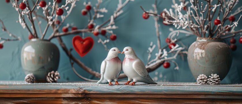Home interior decor with porcelain figurines of white kissing pigeons on branches covered in hoarfrost on Valentine's Day, and felt heart photo frames