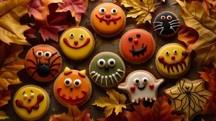Obraz premium Laugh-out-loud funny cookies, from cheeky spiders to goofy ghosts, set against a backdrop of crisp, colorful fall foliage