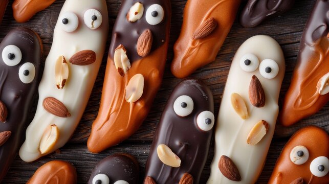Humorous close-up of Halloween cookies shaped like witches' fingers, ghosts, and eyes, adorned with chocolate and almonds