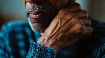 Close view of a man wincing, his hand on his wrist, the stark reality of arthritis pain visible - obrazy, fototapety, plakaty