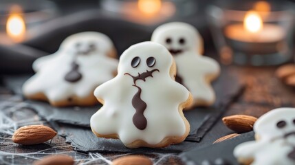 Fototapeta na wymiar Close-up of whimsical Halloween cookies shaped like ghosts, with chocolate and almond details, oozing fun and fright
