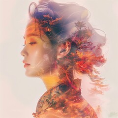 A stunning fusion of Chinese beauty and abstract elements, merging seamlessly in a double exposure portrait reminiscent of a watercolor masterpiece. A stunning fusion of Chinese beauty and abstract el - obrazy, fototapety, plakaty