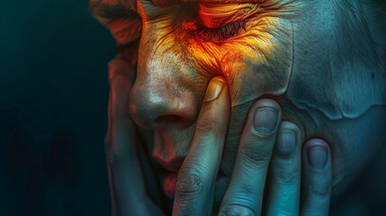 A detailed depiction of a woman enduring gout, her fingers gently touching her swollen joint, pain in her eyes - obrazy, fototapety, plakaty