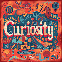 The word "Curiosity" stands out on a solid colored background in this image.