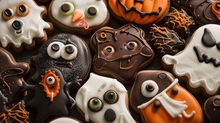 A close-up parade of Halloween cookie frights, featuring laughable ghosts, bewitched digits, and eye-conic chocolate treats - obrazy, fototapety, plakaty
