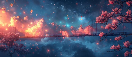 A magical night sky with stars, mysterious clouds, and pink magnolia flowers on a fantasy background