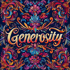 The image shows a single-colored background with the word "Generosity" in bold letters, representing a concept of giving and kindness.