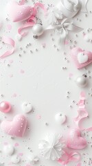 Obraz na płótnie Canvas Festive arrangement with pink hearts, ribbons, and decorative baubles