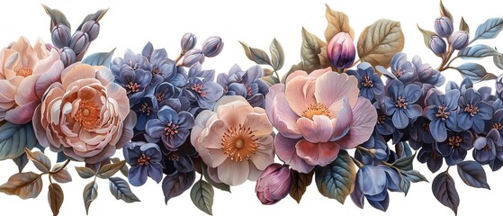 This beautiful bouquet consists of lilacs, dog roses (briar) and magnolias, all isolated on a white background. - obrazy, fototapety, plakaty