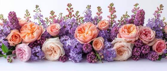 The bouquet contains lilacs and roses isolated on a white background. You can use it as an element for your design.