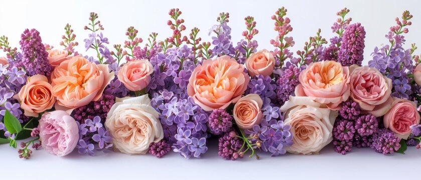The bouquet contains lilacs and roses isolated on a white background. You can use it as an element for your design.