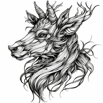 Detailed line art illustration of a mythical creature or beast tattoo design