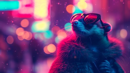 Fashionista ferret in a faux fur stole, wearing oversized sunglasses, amidst a bustling city backdrop, lit with twinkling city lights, exuding urban glamour and style