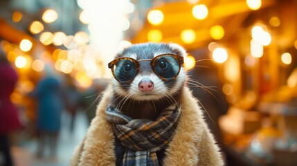 Fashionista ferret in a faux fur stole, wearing oversized sunglasses, amidst a bustling city backdrop, lit with twinkling city lights, exuding urban glamour and style - obrazy, fototapety, plakaty