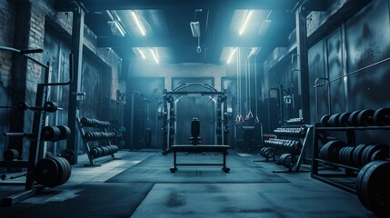 a gym for bodybuilding that is dark and filled